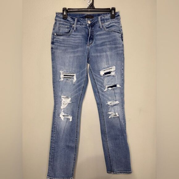 Silver Boyfriend Denim Jeans Distressed With patches Western Glove Works Size 27 - Picture 1 of 9